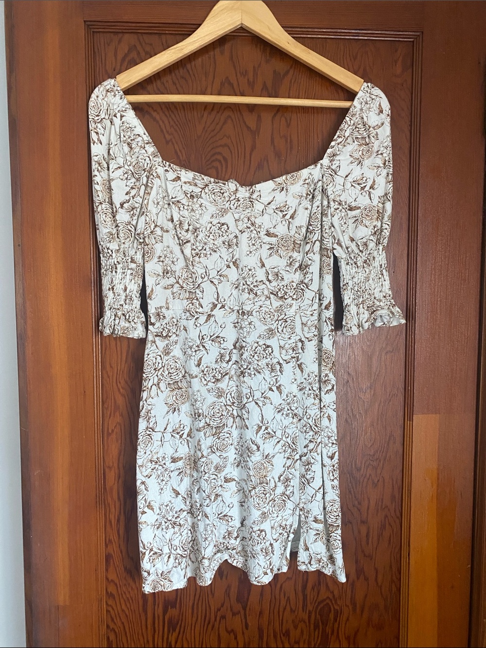 Floral Off-Shoulder Mini Dress in Cream and Brown